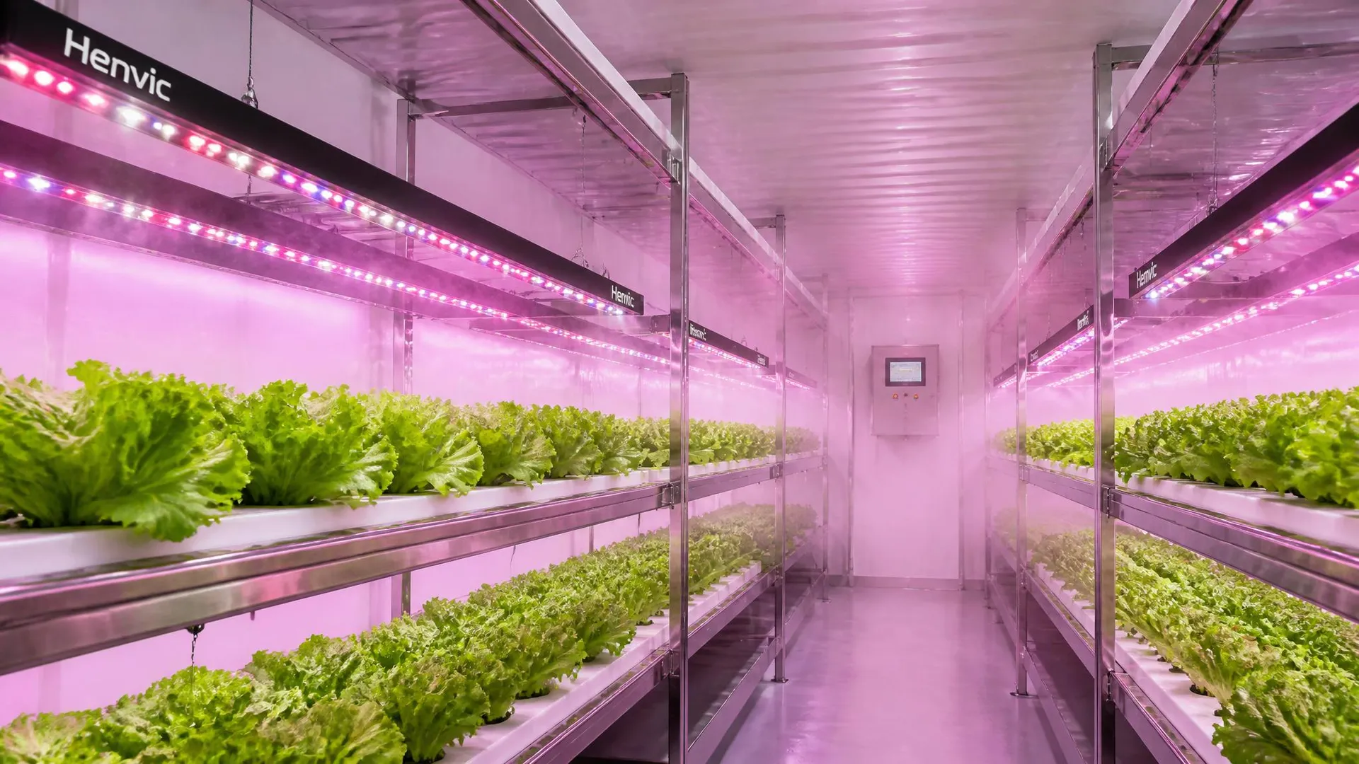 Luminaria LED de cultivo serie HVC-GL instalada en una granja en contenedor
